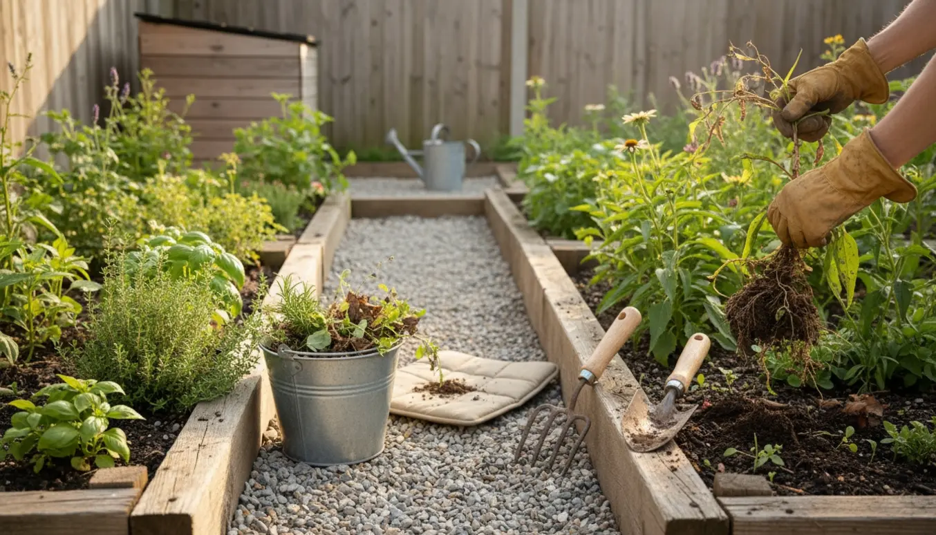 Nærbillede af en person i handsker, der luger ukrudt fra to højbede med håndredskaber og en spand i morgensol.