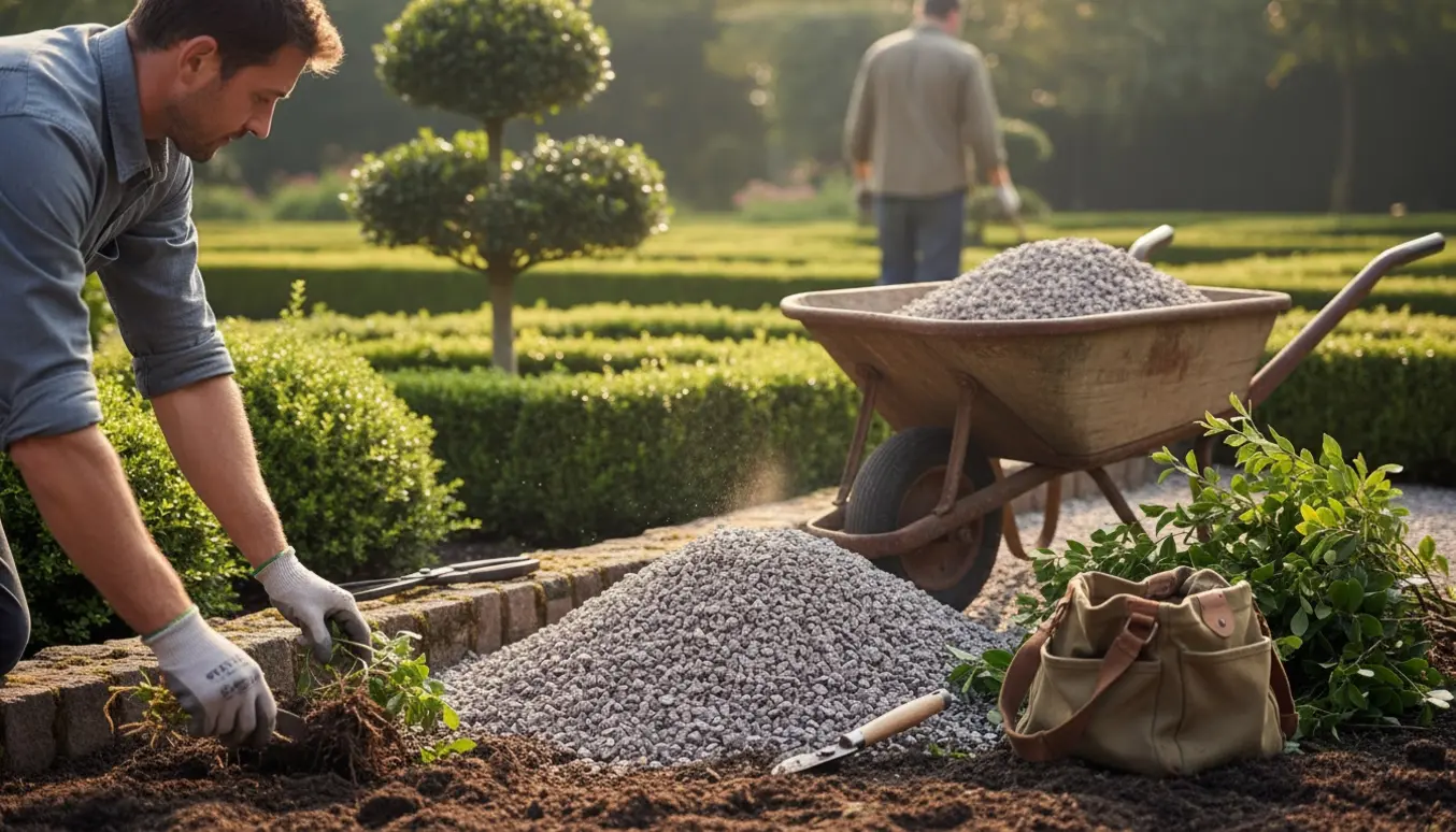 Hænder rager granitskærver i en gårdsplads, med beskårne buske, trillebør og lugede bede, uden synligt ansigt.