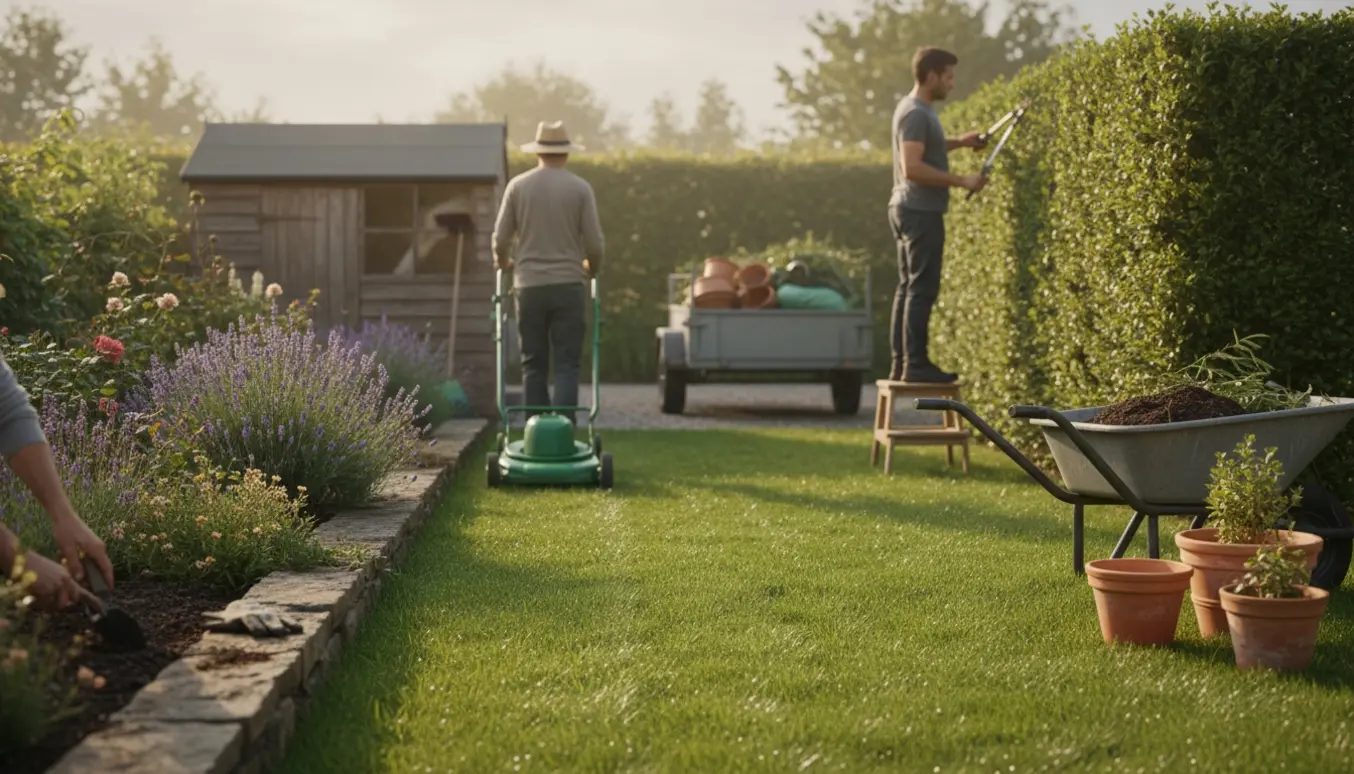 Havemand i ryggen slår græs ved en lille have med bede, hæk, værktøj og trailer med gamle krukker.
