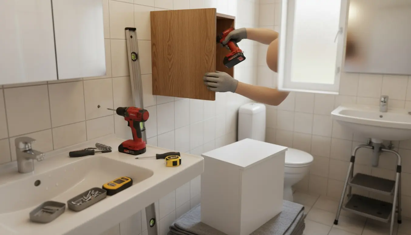 Udskiftning af et væghængt HTH-badeskab på et lille toilet med værktøj i forgrunden.