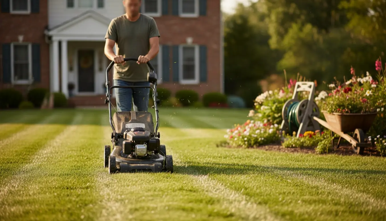 Person slår græs med en moderne plæneklipper på en solrig sommerplæne med tydelige striber.