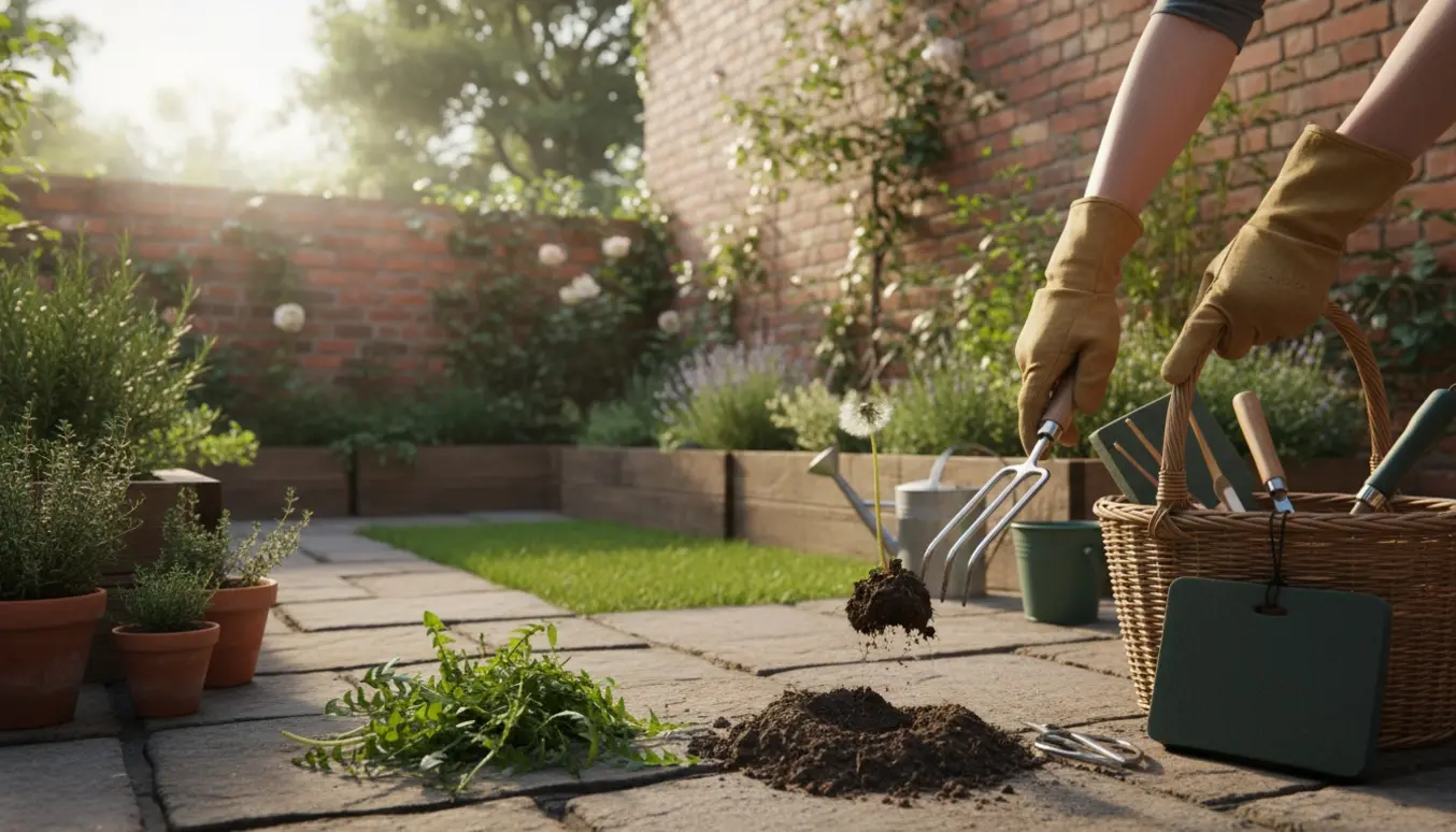 Nærbillede af hænder, der luger mælkebøtter og ukrudt i en lille gårdhave med haveredskaber og en bunke fjernet ukrudt.