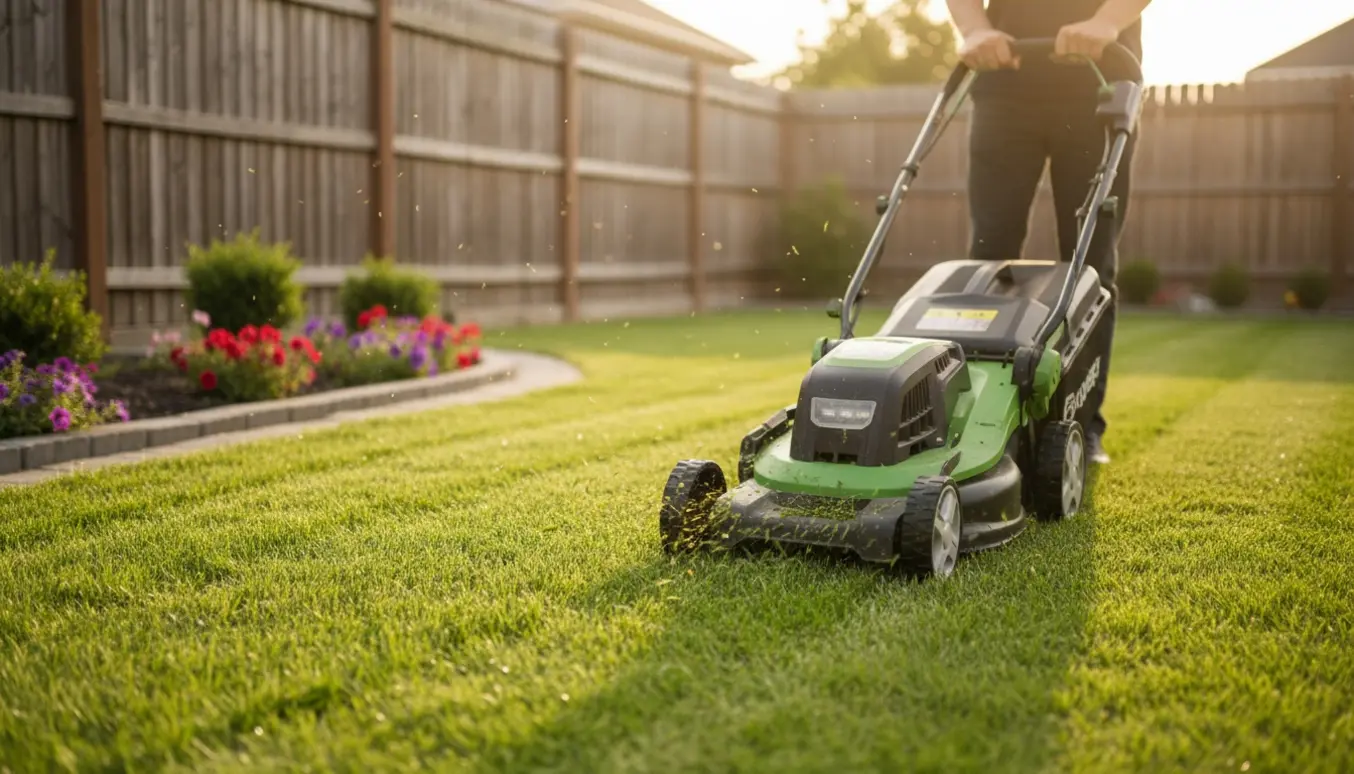 Person slår en lille 50 m² græsplæne med en batteridrevet plæneklipper i blødt sollys, ansigtet ikke synligt.