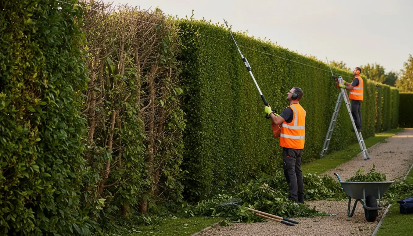 Havearbejder klipper en meget høj hæk ned til ønsket højde langs en lang hækrekke med bunker af afklip og en trillebør.