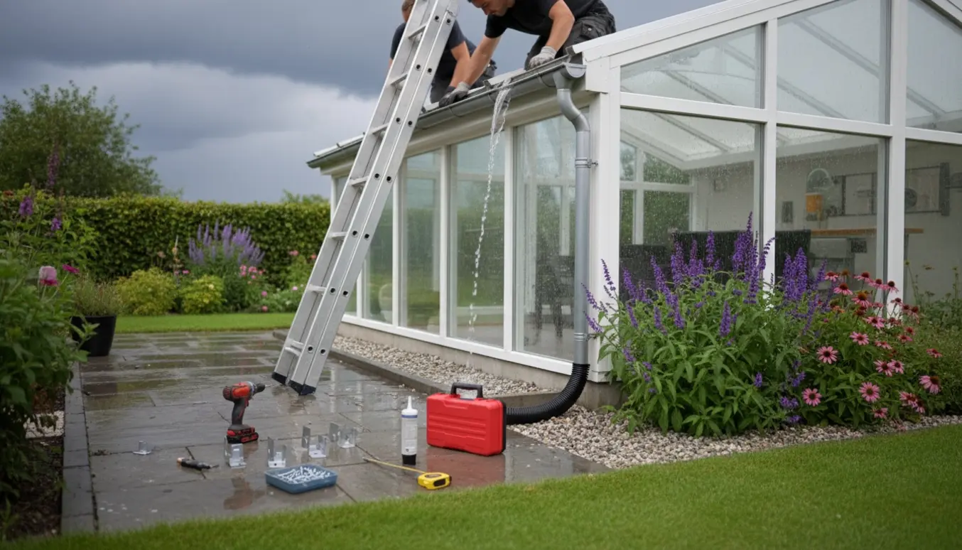 Hænder monterer en ekstra tagrende på en glasudestue, så regnvandet ledes ud i haven.