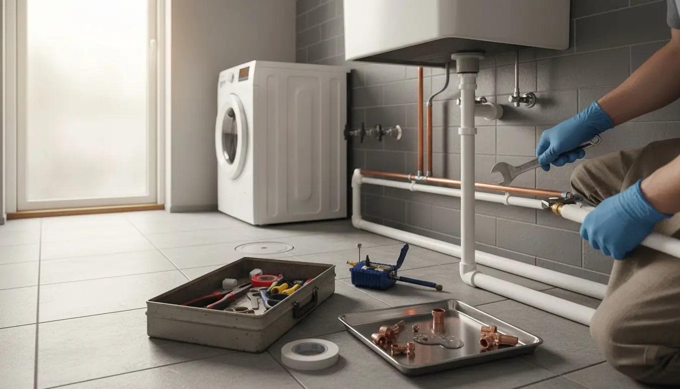 En VVS-installatør udskifter rør i et lyst bryggers med værktøj spredt omkring arbejdsområdet.