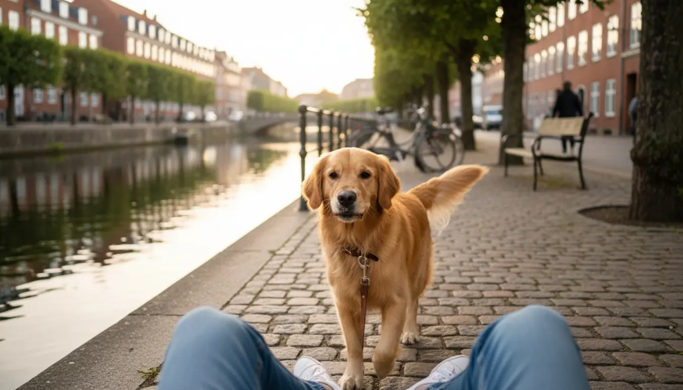 En livlig golden retriever i snor på en gåtur langs vandet i Frederiksbjerg.
