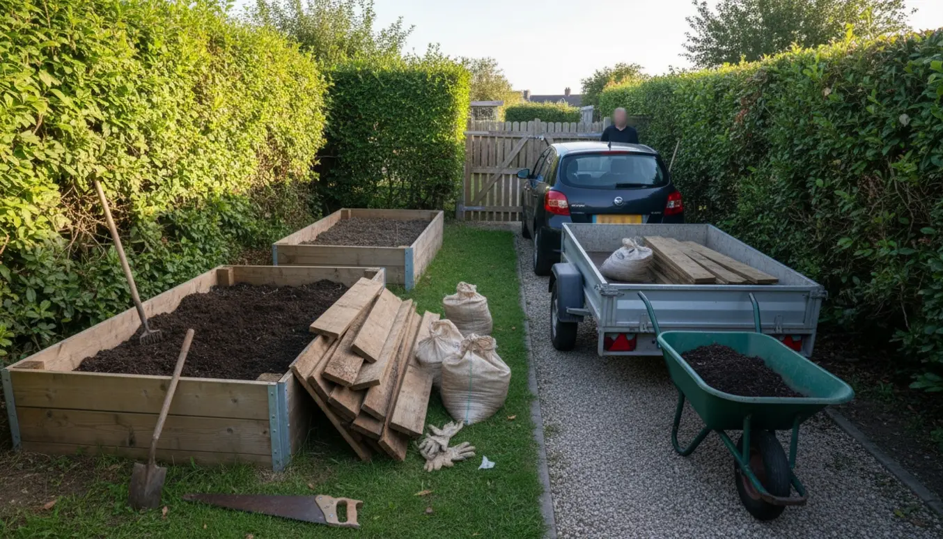 Delvist demonterede højbede i en lukket baghave med træ, jord og en trailer klar til afhentning.