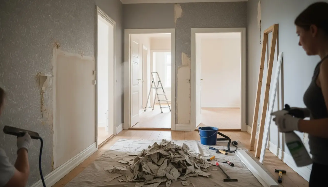 Sammenhængende værelser med delvist fjernet savsmuldstapet, afmonterede fodpaneler og værktøj klar til oprydning.