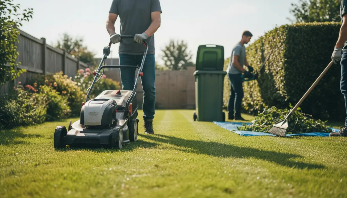 Hæk og græs bliver slået og fejet sammen i haven, afklip samlet i en affaldsbeholder.