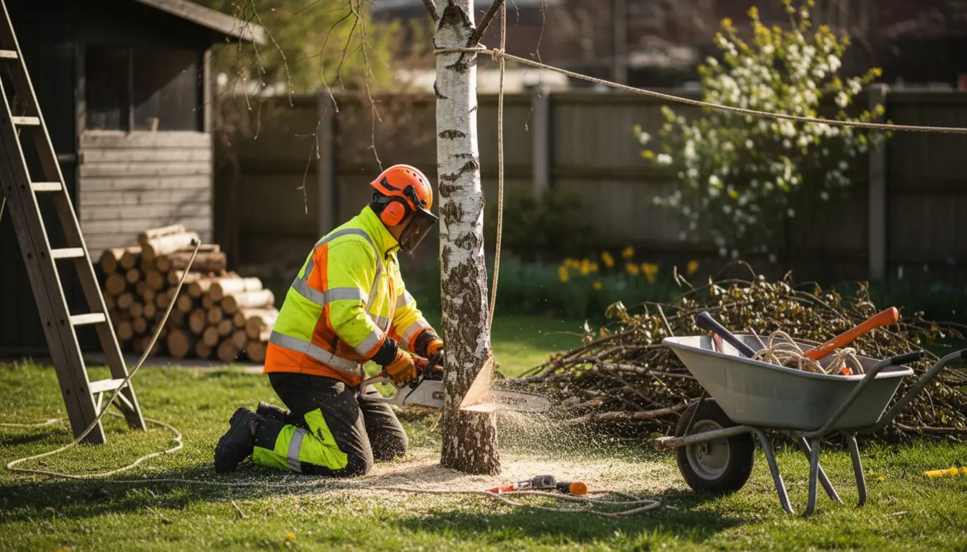 Fældning af et 5–6 meter højt birketræ i en have med motorsav og sikkerhedsudstyr.