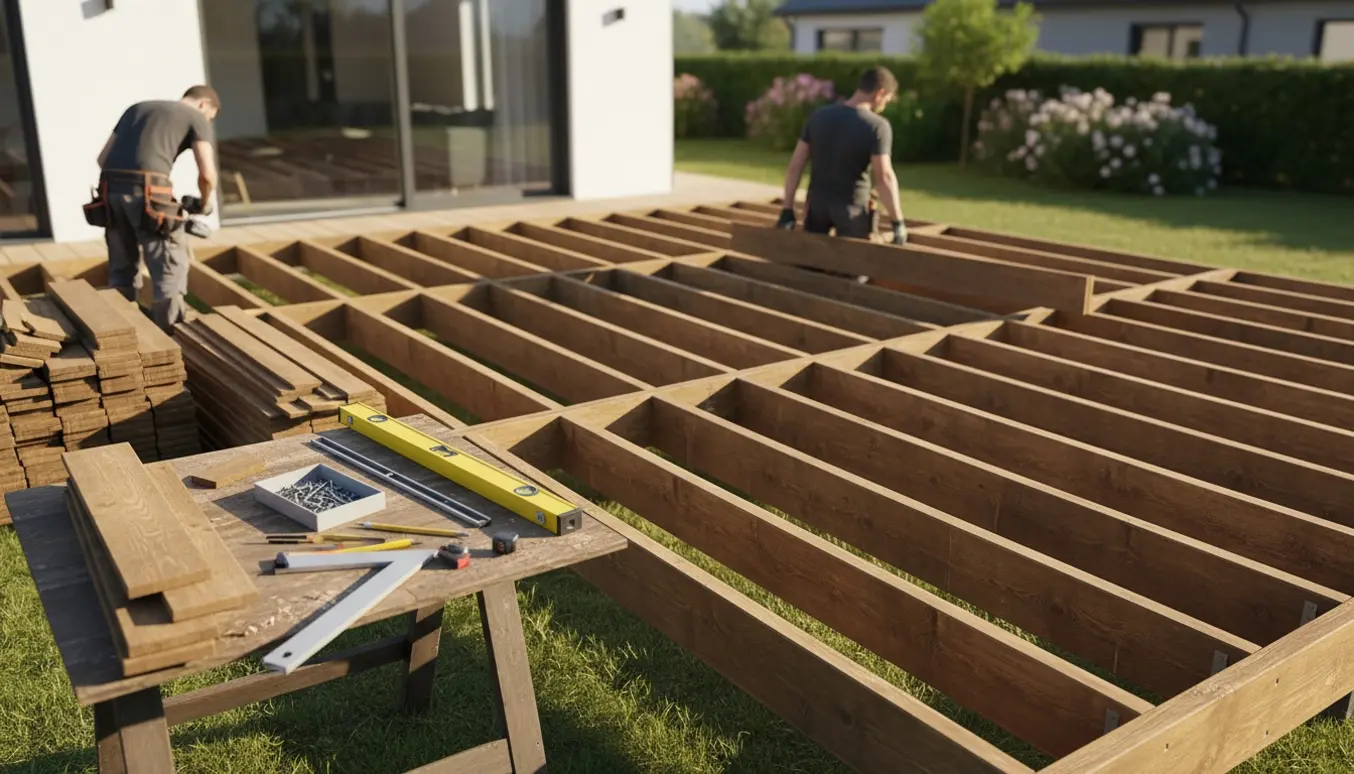 Delvist opført træterrasse i brunimprægneret træ med værktøj og materialer i en baghave.
