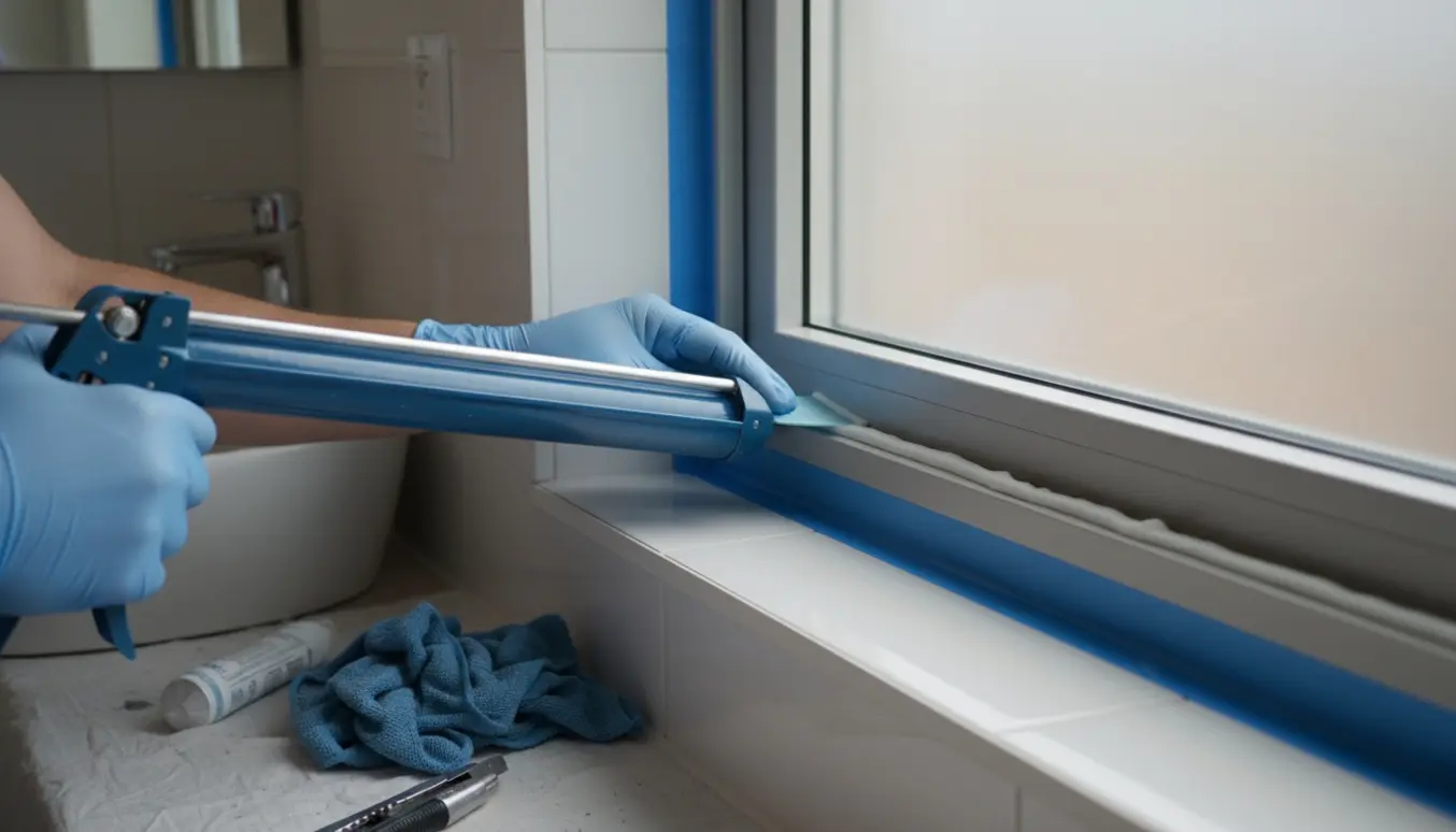 Hænder i handsker fuge et nyt badeværelsesvindue med fugepistol og glatteværktøj i et lyst badeværelse.