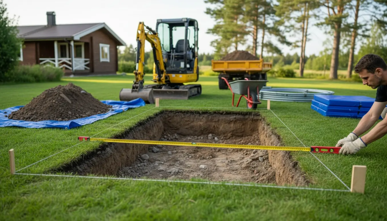 Delvist udgravet hul til indbygget trampolin på en sommerhusgrund med minigraver, jordbunker og værktøj.