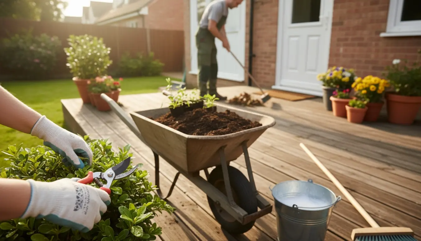 Hænder i havehandsker beskærer en busk ved en terrasse med haveredskaber og spand til let rengøring.