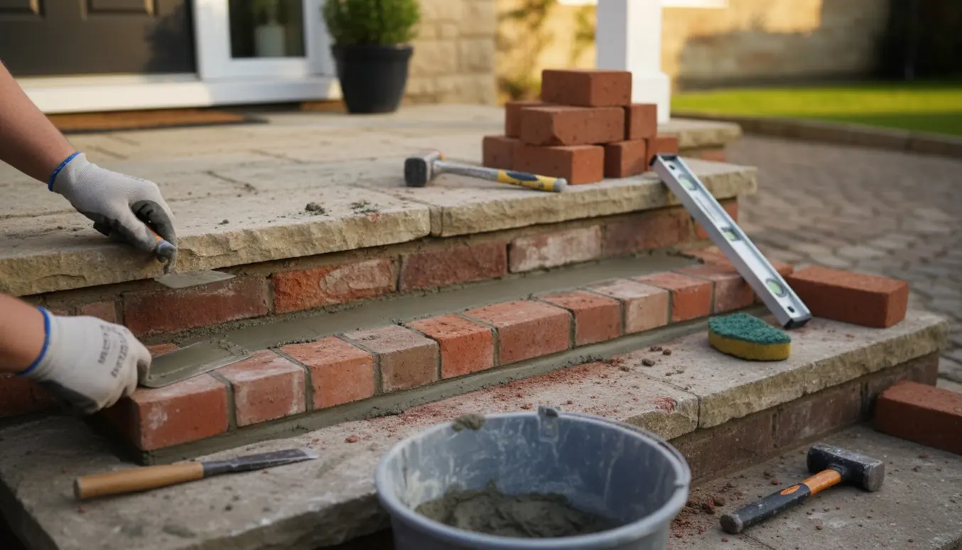 Hænder reparerer et nederste trin på en udendørs muret trappe med mørtel og murerværktøj.
