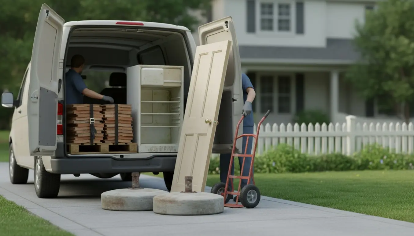 Store affaldsgenstande — fliser, parasolfødder, køleskab og dør — læsset i en varebil ved en indkørsel klar til afhentning.