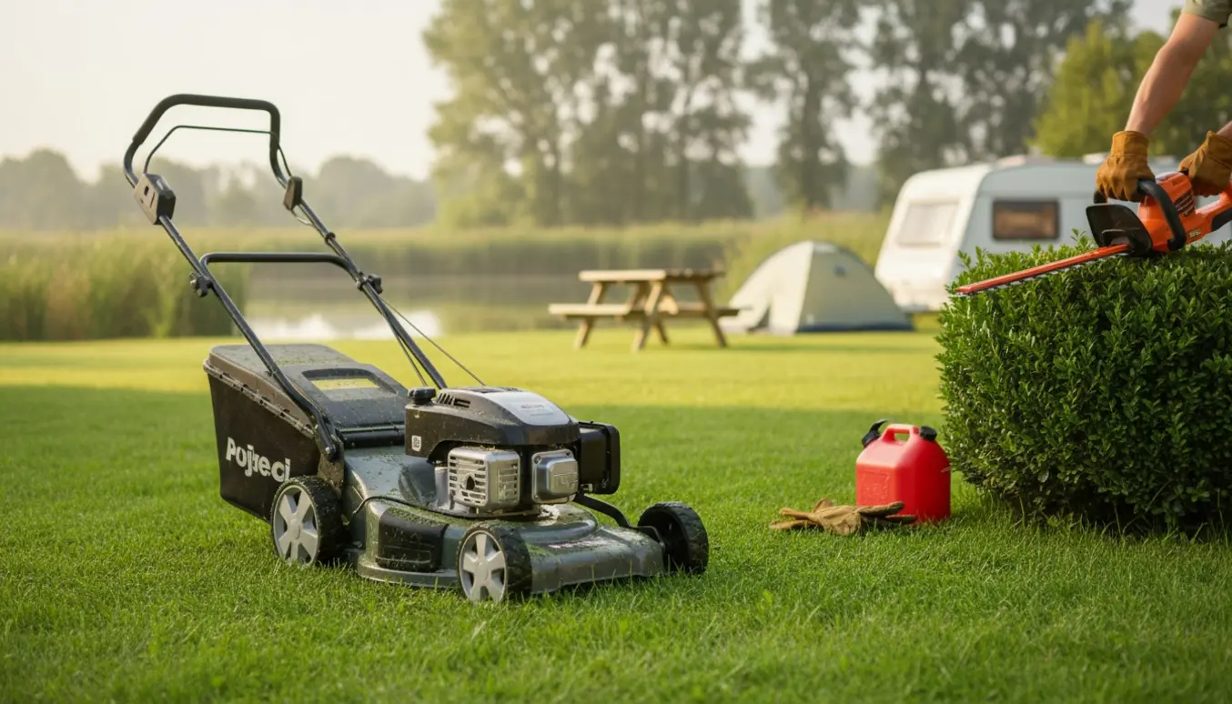 Græsslåmaskine og hækklipper på en lille campingplads ved en sø, nyklippet græs og trimmede buske.