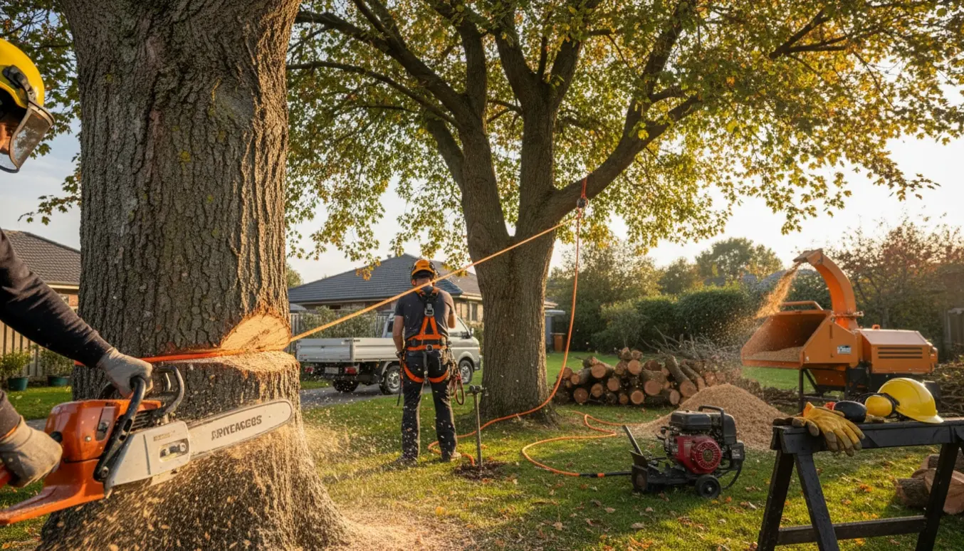 To træer i en have forberedes til kontrolleret fældning med motorsav, tov og flismaskine.