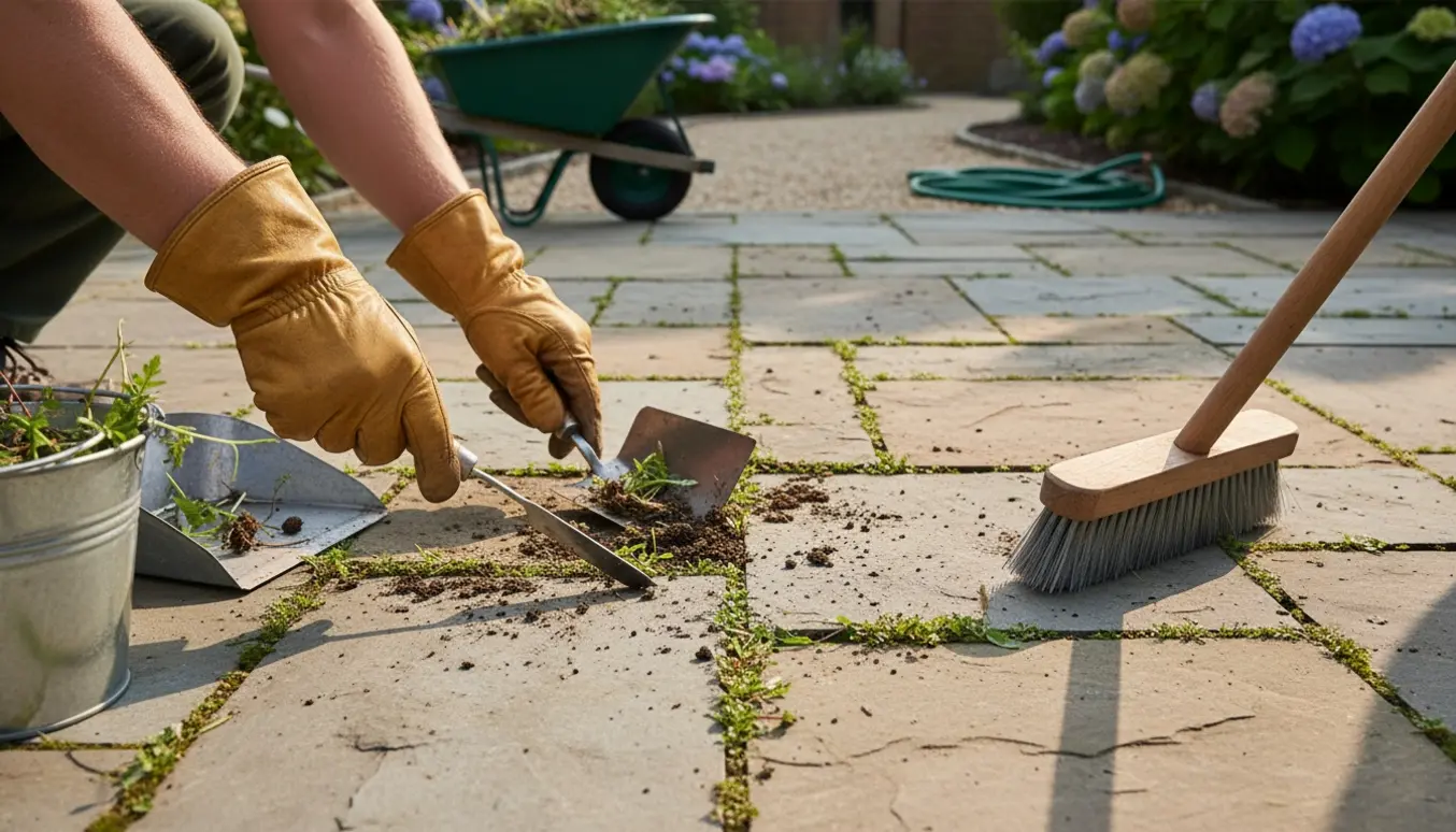 Hænder skraber ukrudt ud af flisekanter med værktøj og en spand ukrudt ved siden af, med en tydelig ryddet stribe fliser.