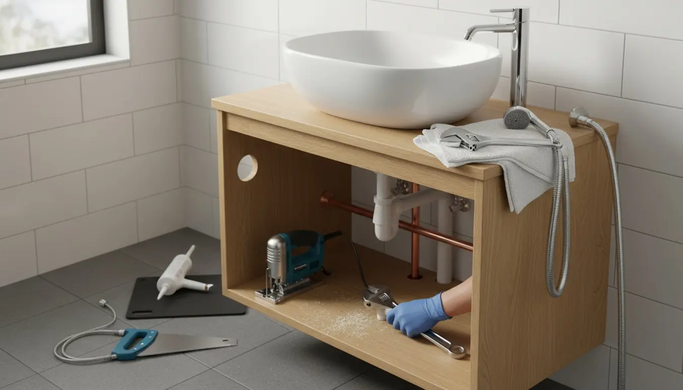 Ny håndvask og underskab monteres i et lyst badeværelse, håndværker tilpasser skabet og monterer vandhane og bruserholder.