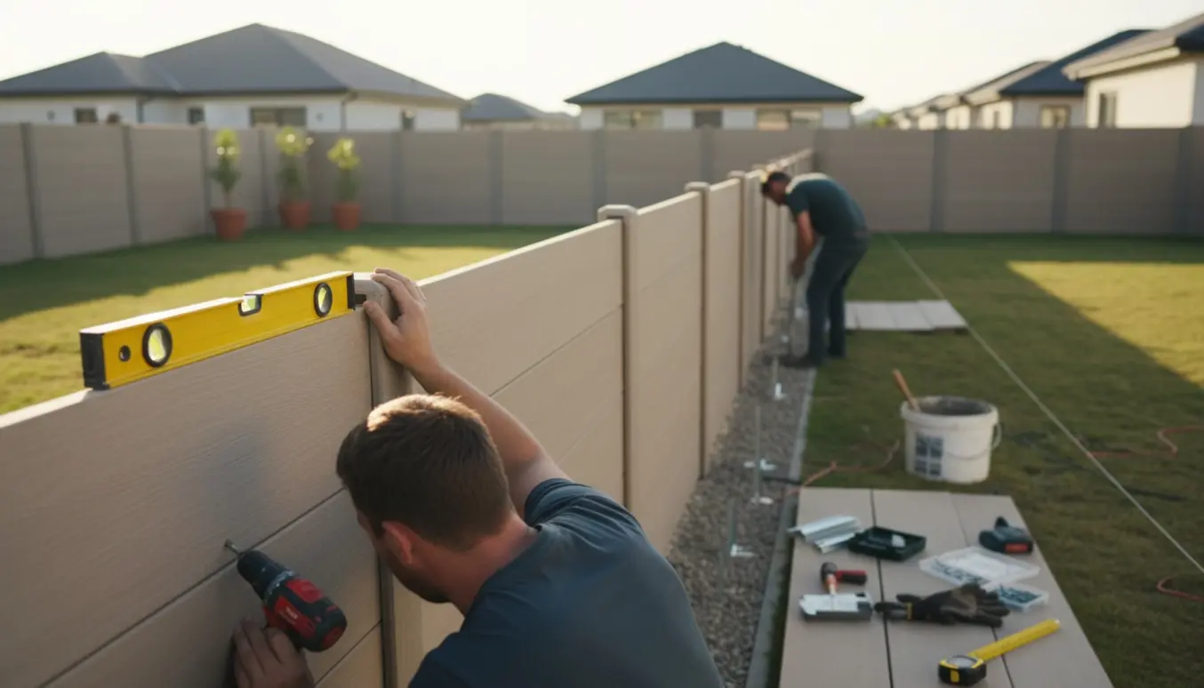 Komposithegn monteres i en baghave, hænder justerer et panel mellem stolperne.