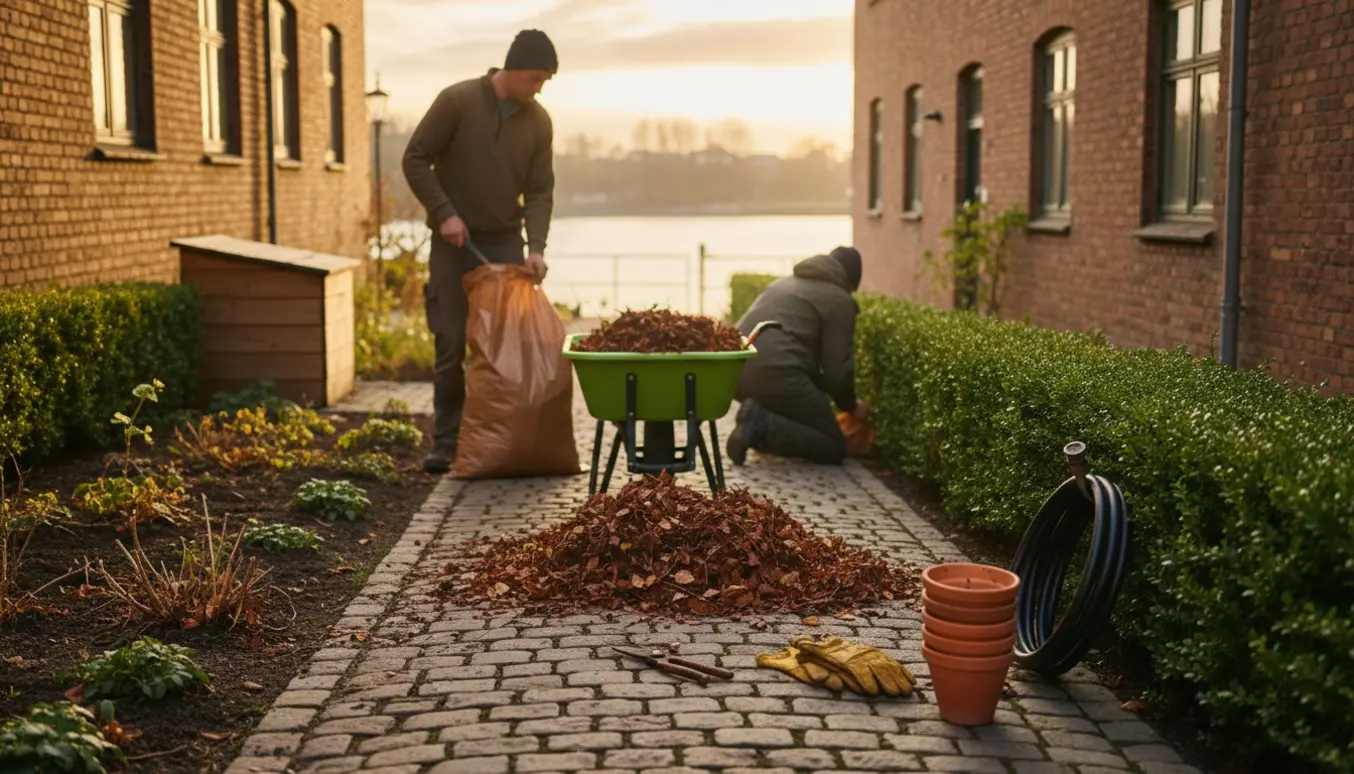 Hænder raker blade op i en trillebør under oprydning af en byhave ved Nørrebred.