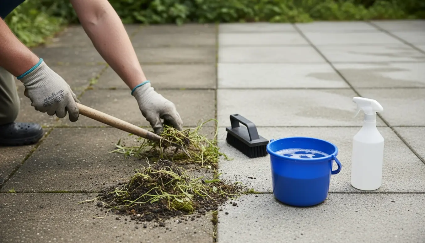Hænder fjerner ukrudt mellem fliser og rengør flisepest med børste og spand på en solrig terrasse.