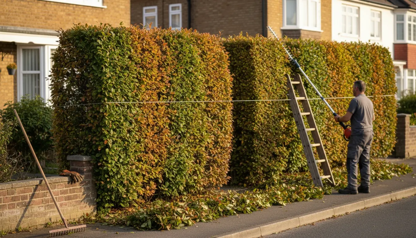 Hækklipning ved hus med stige og teleskoptrimmer, friske hækklip samlet ved fortovet.