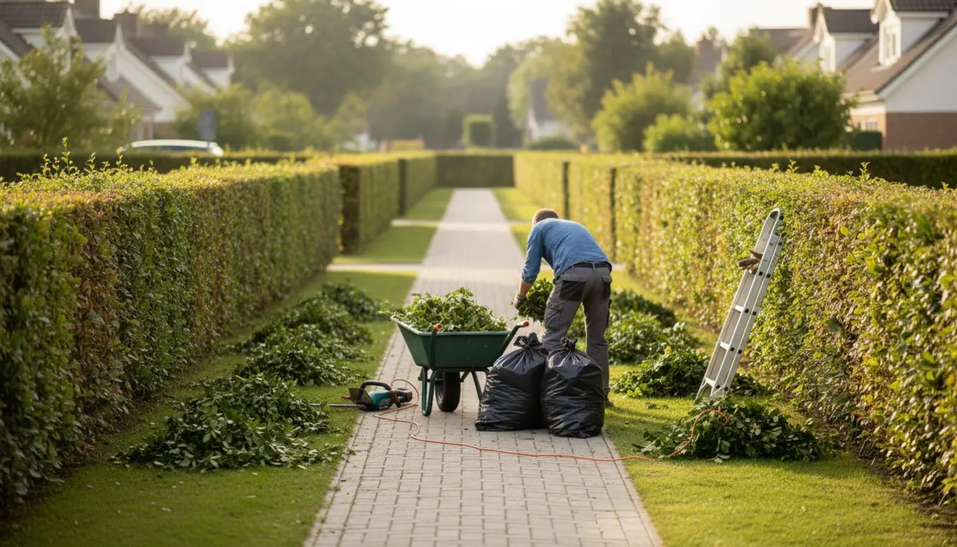 Nyklippede hække langs en lang sti med bunker af hækaffald og en trillebør klar til fjernelse.