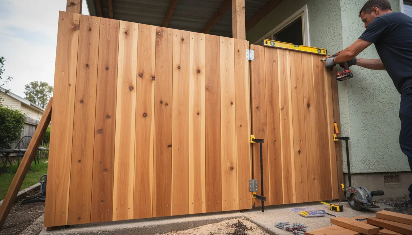 Tømrer monterer en trævæg med en smal låge mellem husmur og carport, tæt på brædder og værktøj.