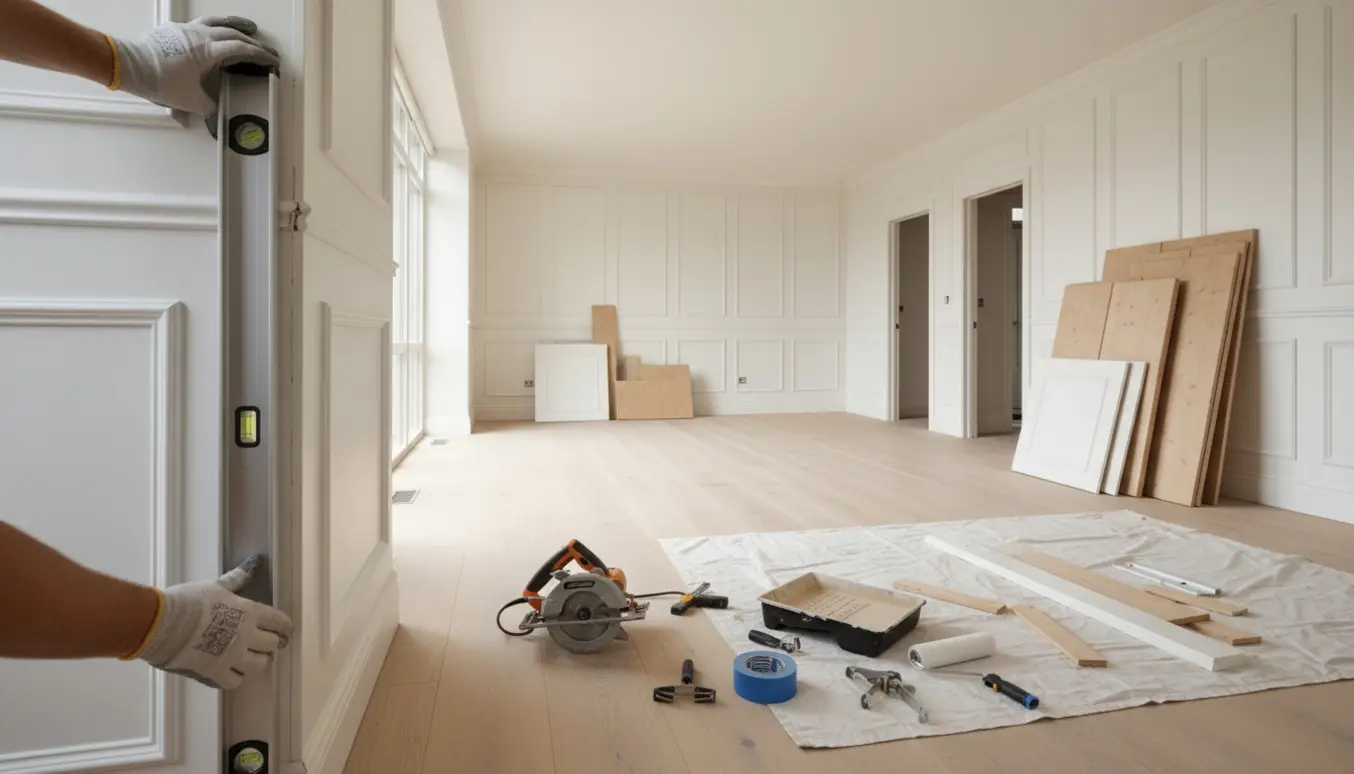 Delvist installerede høje vægpaneler i en lys lejlighed med værktøj på gulvet.