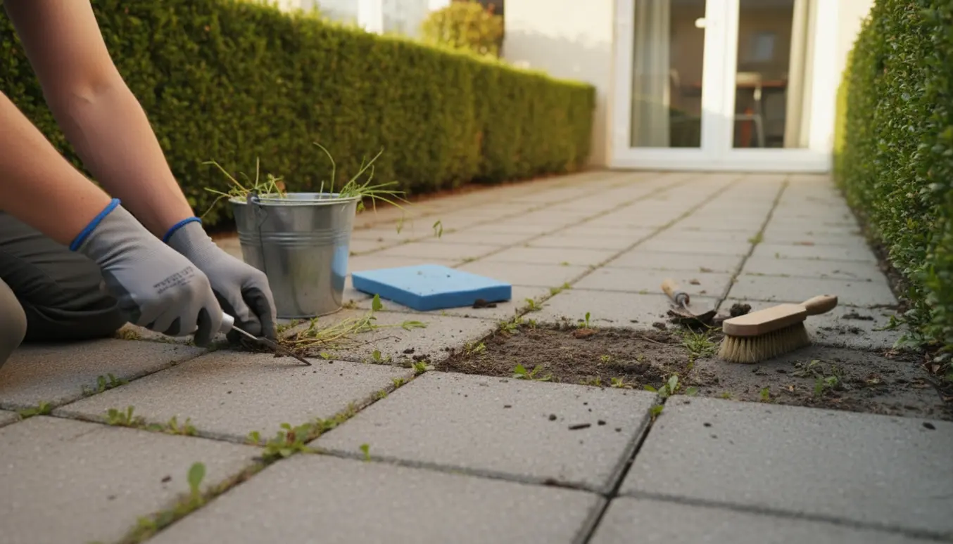 Handskerede hænder fjerner ukrudt mellem fliser og ved hæk på en lille patio.