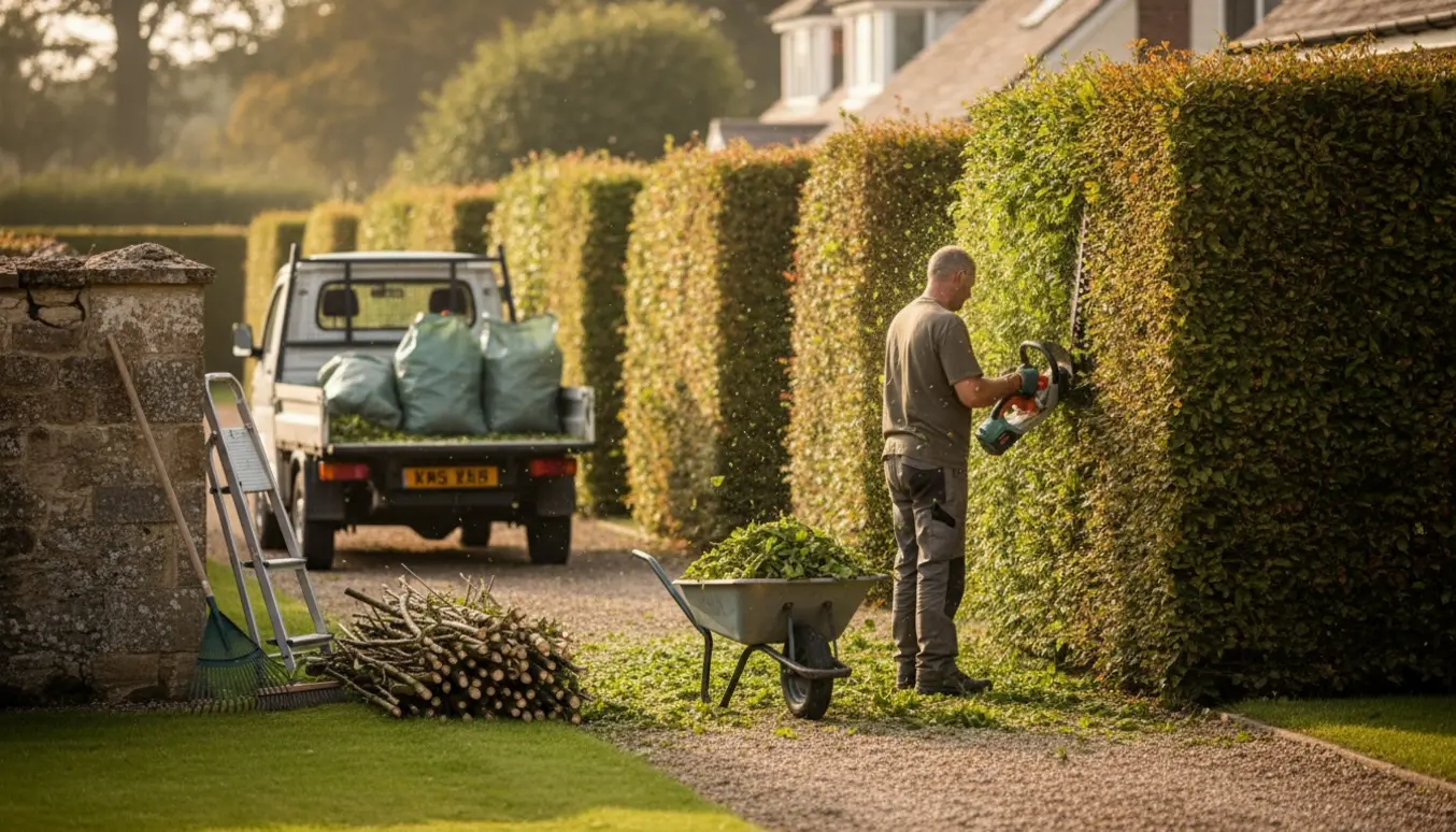 Person set bagfra klipper lange hække med trimmer, trillebør og trailer klar til at køre hækaffald væk.