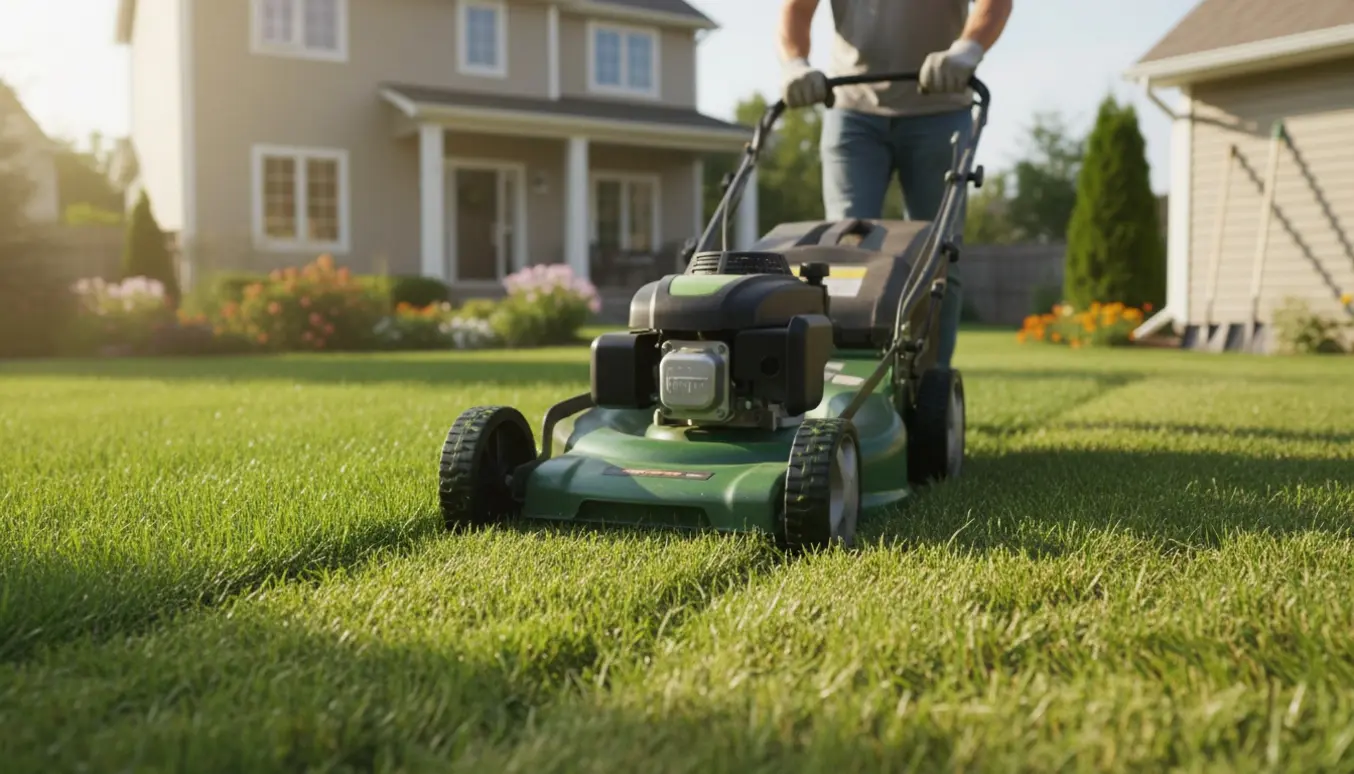 En person slår græs i en have med en plæneklipper, vist fra siden med tydelig nyslået stribe.