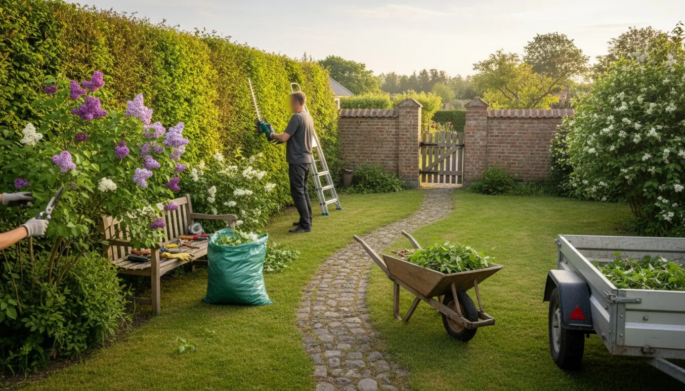 Person klipper hækken og buskene i en gammel have med trillebør og afklip klar til afhentning.