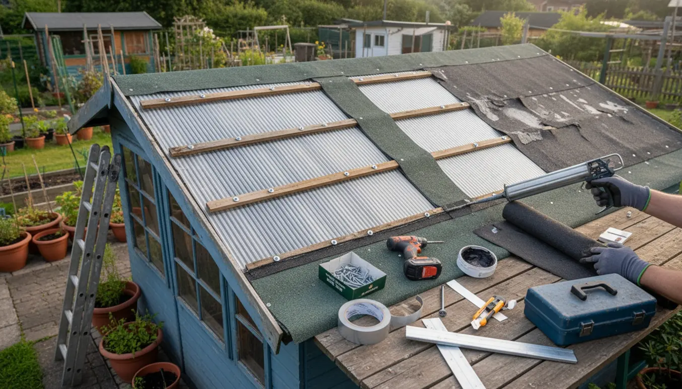 Nærbillede af reparation af tagpap på et kolonihavehus, hvor hænder tætner en plastik tagplade med fugepistol.