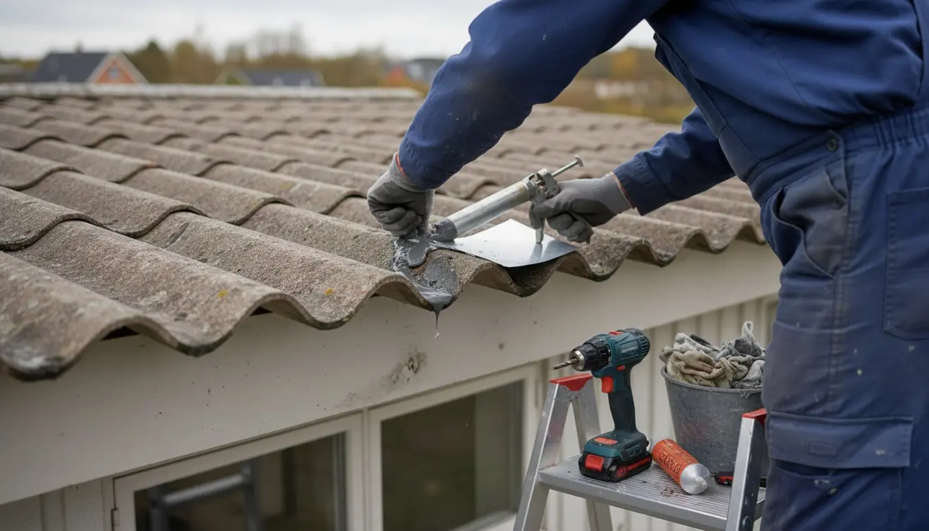 Håndværker på en 2‑meterstige reparerer et lille hul i et bølgeeternittag ved kanten af et værksted i Farum.