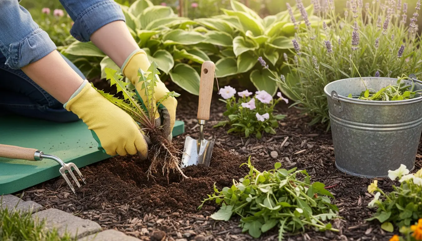Næroptagelse af hænder, der trækker ukrudt op af et blomsterbed med handredskaber og en spand.