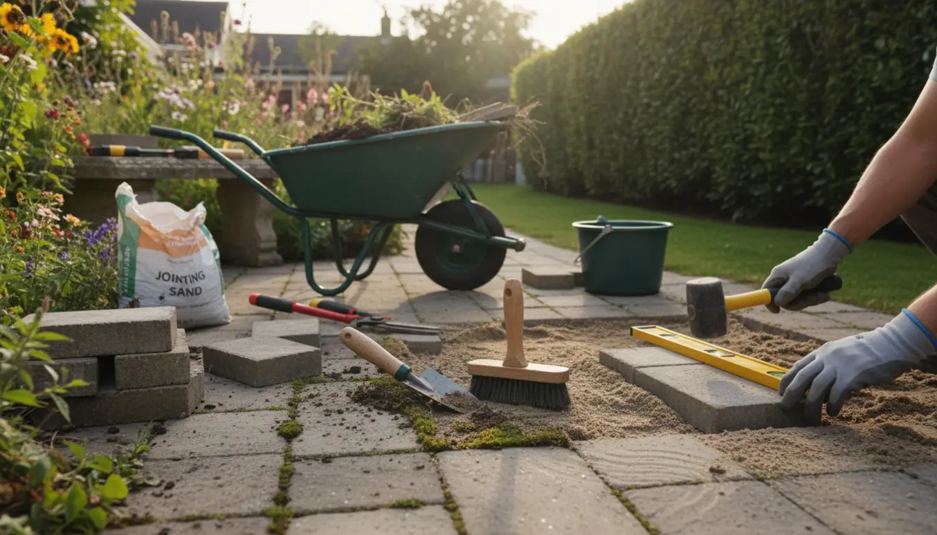 Hænder fjerner ukrudt og lægger nye fliser i en baghave med værktøj og materialer.