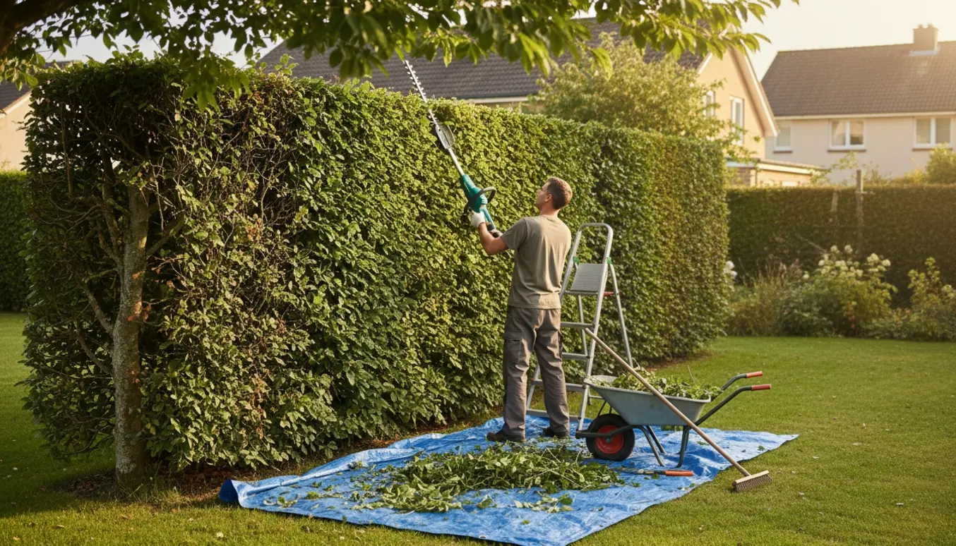Havearbejder trimmer top og sider af en høj bøgehæk med trimmer, stige og afklip synlige.
