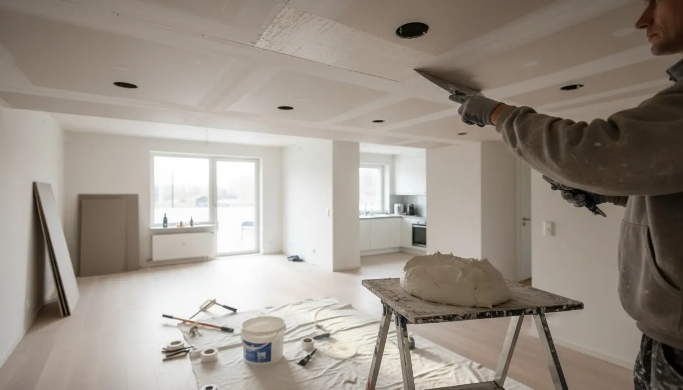 Nærbillede af spartling af nymalede gipslofter i en lys åben lejlighed med værktøj og afdækning.