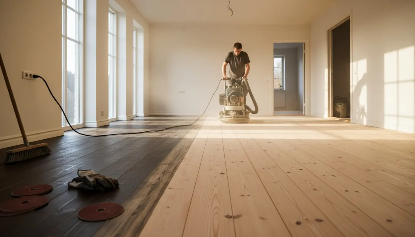 Gulvsliber i et sollyst stue-køkken, halvdelen af de ludbehandlede fyrretræsgulve er nyslebet.