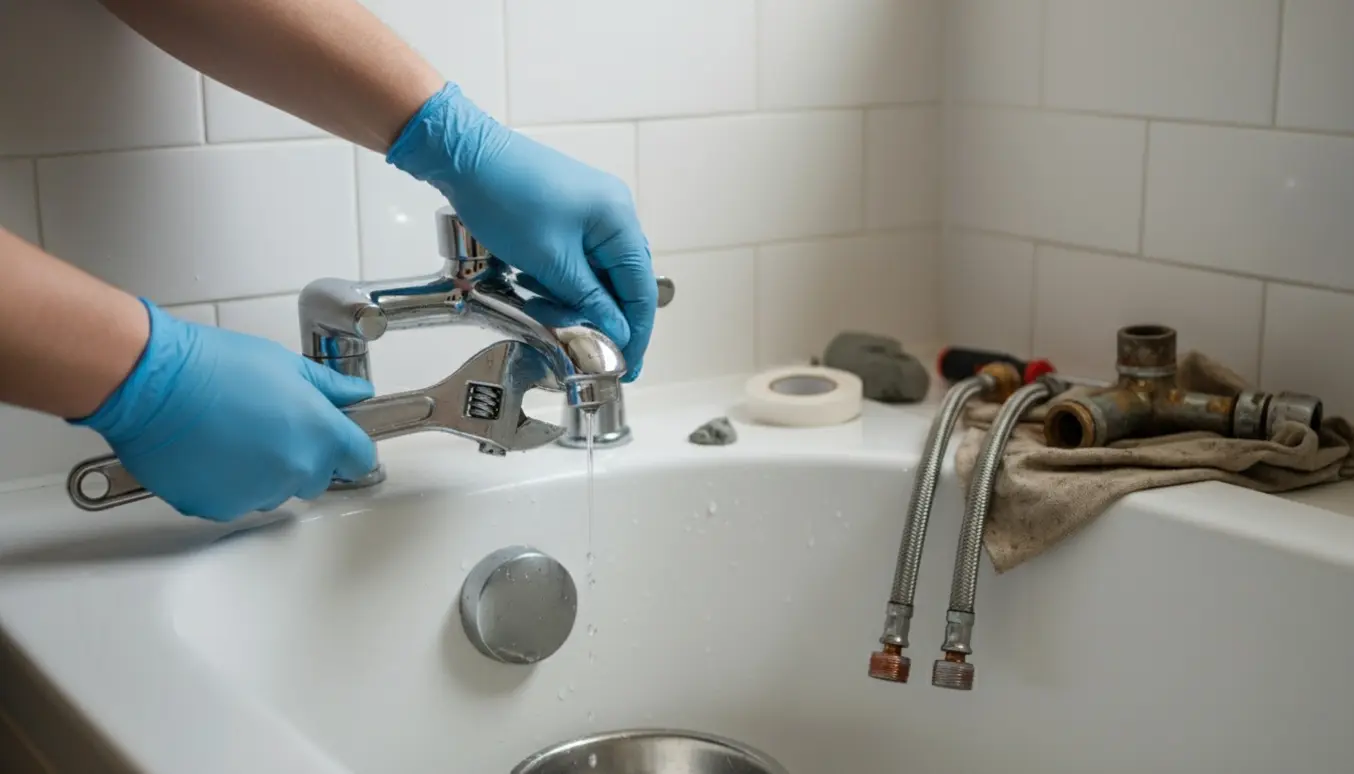 Montering af nyt krom blandingsbatteri på et badekar med værktøj og handsker i fokus.