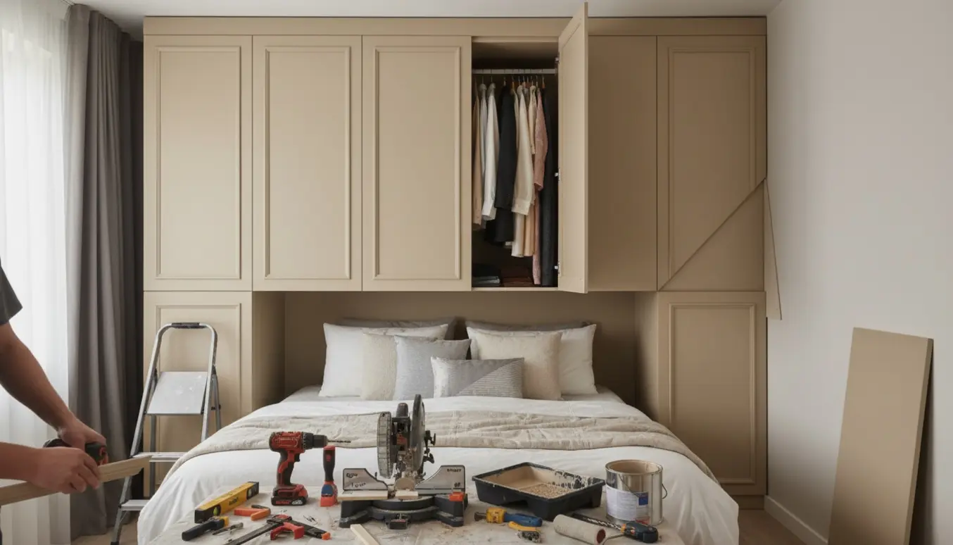 PAX-garderobe monteret over en seng med malede fronter og lister, 20 cm til loftet og værktøj til montering i forgrunden.
