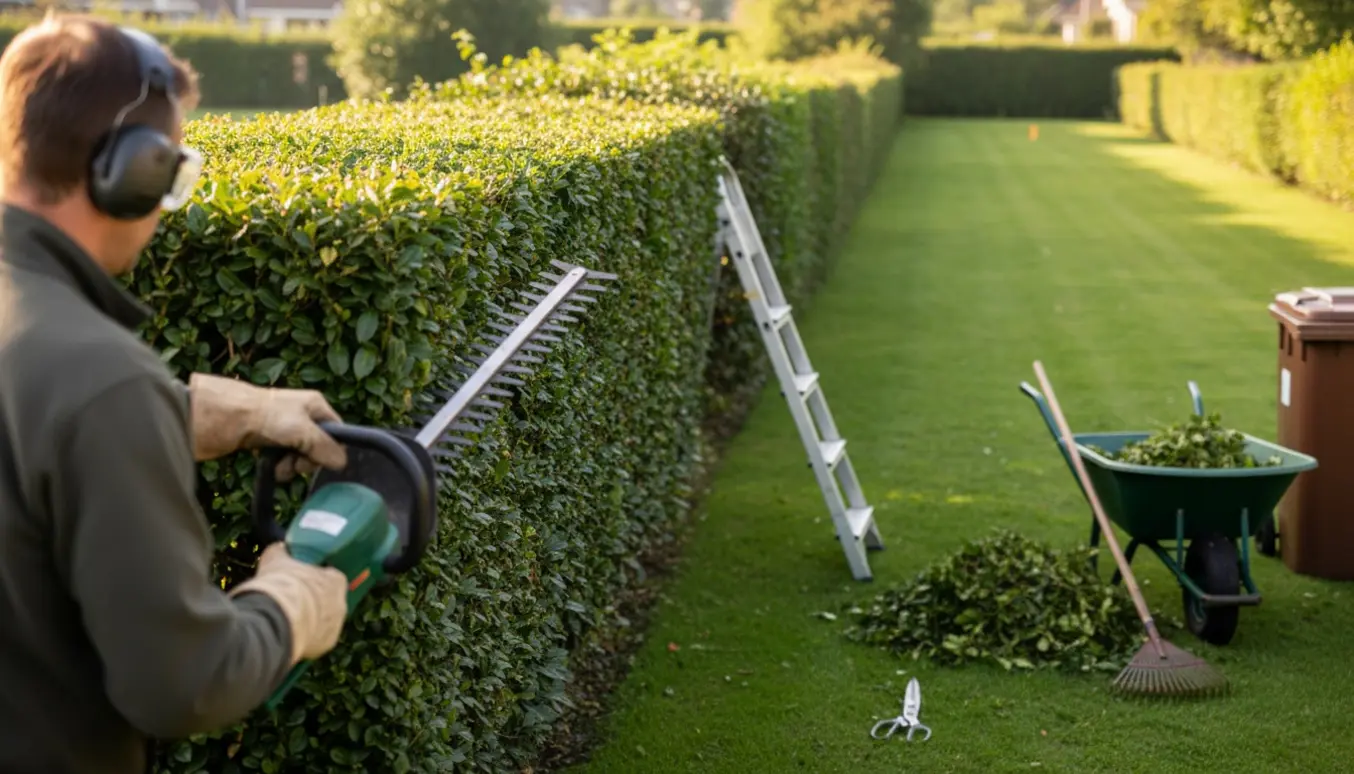 Person trimmer en lang havehæk med en elektrisk hækkeklipper, mens afklip ligger i en trillebør.