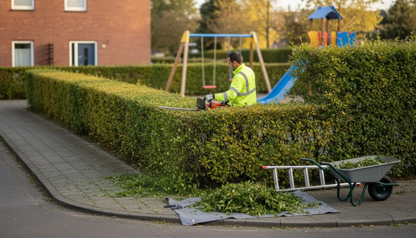 Hæk ved hjørne af rækkehus bliver klippet med hækklipper, med bunker af afklip og legeplads i baggrunden.