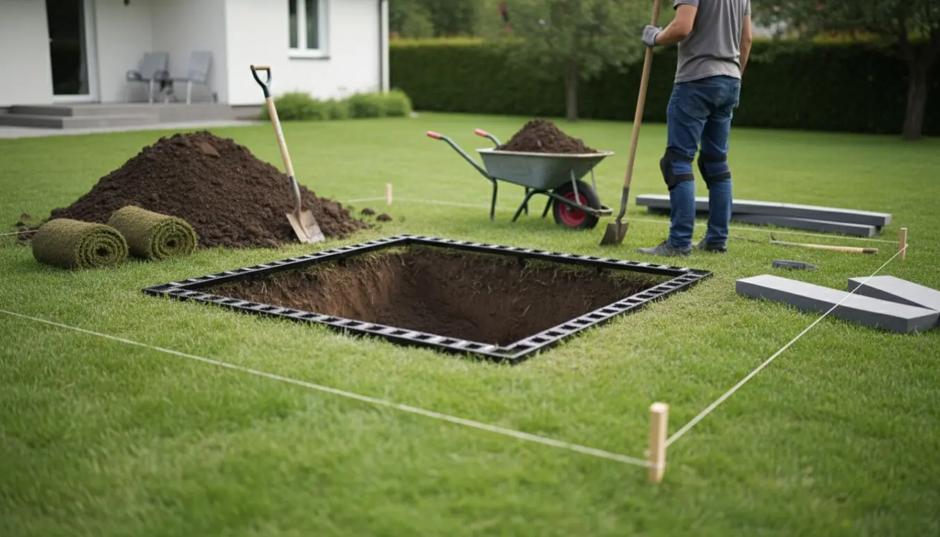 Græsplæne med gravet hul, værktøj og delvist nedsænket trampolinramme klar til installation.