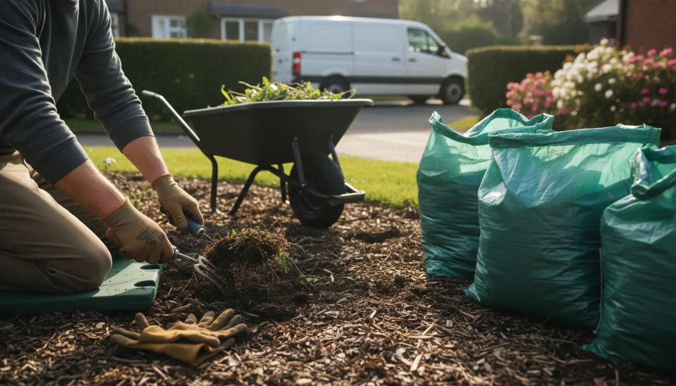Hænder fjerner ukrudt fra et blomsterbed og fylder haveaffald i sække på en solrig morgen.