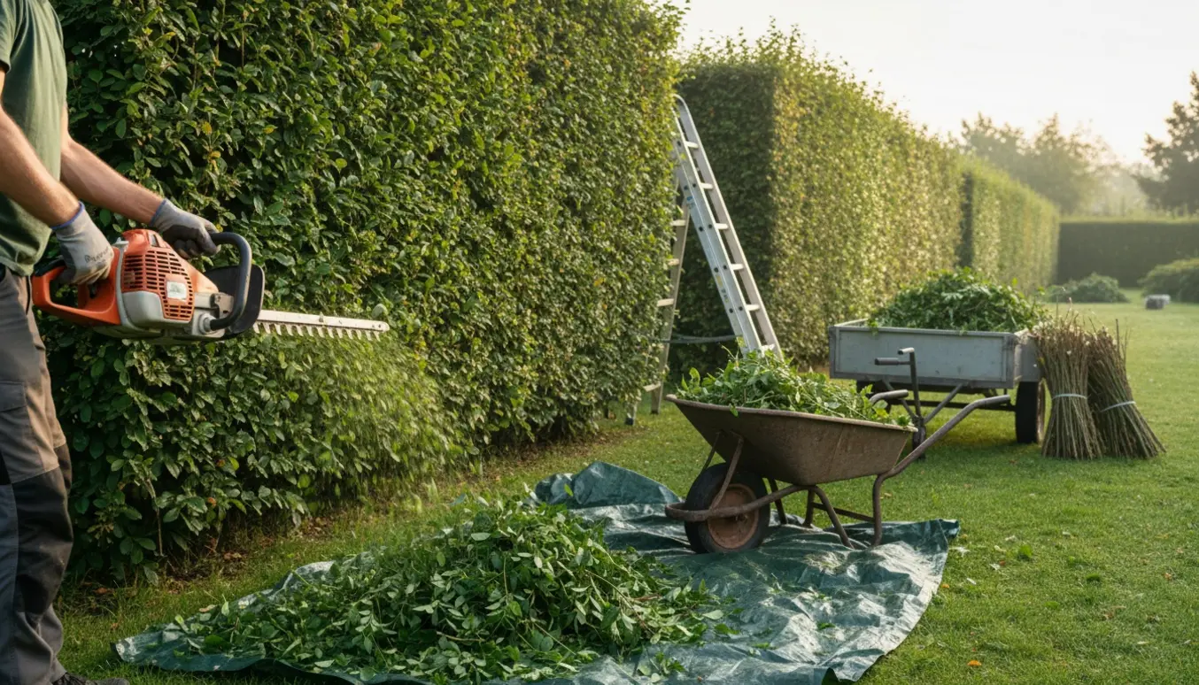 Gartner trimmer en lang hæk, med afklippede grene samlet i trillebør og klar til bortskaffelse.